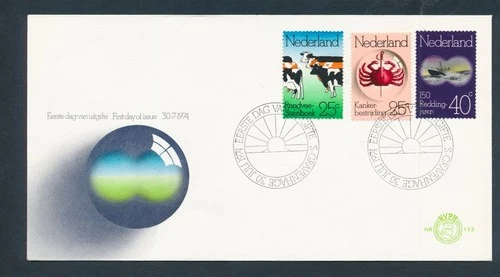 D487446 Netherlands FDC Cattle Registry Cancer Relief Lifeboat 1974 NVHP 133