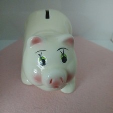 Playful Ceramic 3.5X6" White Pink Figurine PIG Piggy Bank with stopper. So Cute