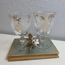 Vintage 50s Pair Libbey Rose Classic Pattern Bow Flower Glasses Barware Party