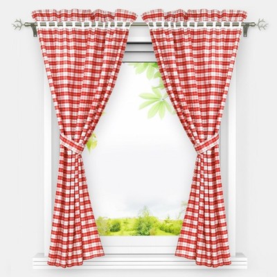 2er Set Vorhangschals Karo-Muster Landhausstil Gardinen Stores mit Raffhalter