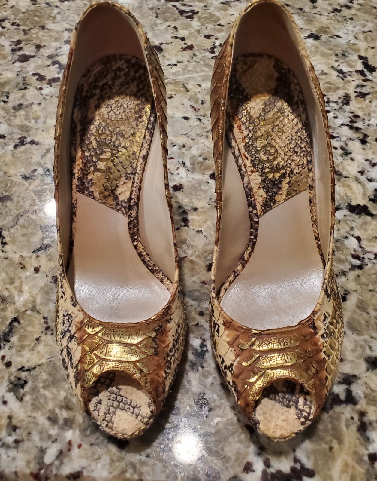 Dior Gold Beige Python Snakeskin Platform Peep To… - image 2