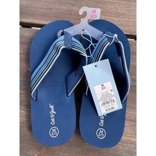 Cat  Jack Boys Navy Blue Striped Fabric Strap Flip Flops Sandals Size M 2/3 NWT