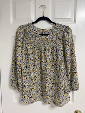 Pleione Women’s Yellow Ditsy Floral Blouse Size Large Excellent 3/4 Sleeve