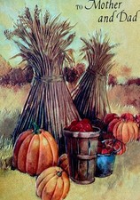 60s Vtg Thanksgiving Card To Mom Dad Corn Stalks Pumpkins Autumn Harvest USED