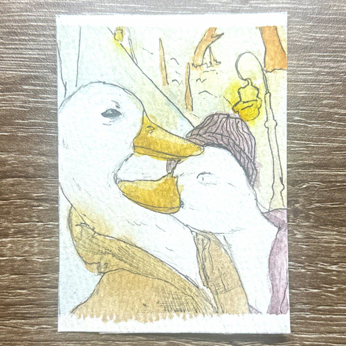 Aceo “ Selfie ducks winter hug” 2.5x3.5 artist trading card