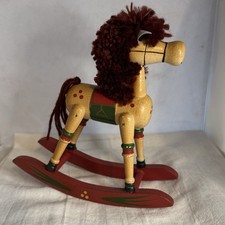 Vintage Hand Painted Wooden Rocking Horse Yarn Mane And Tail 6.5 Tall
