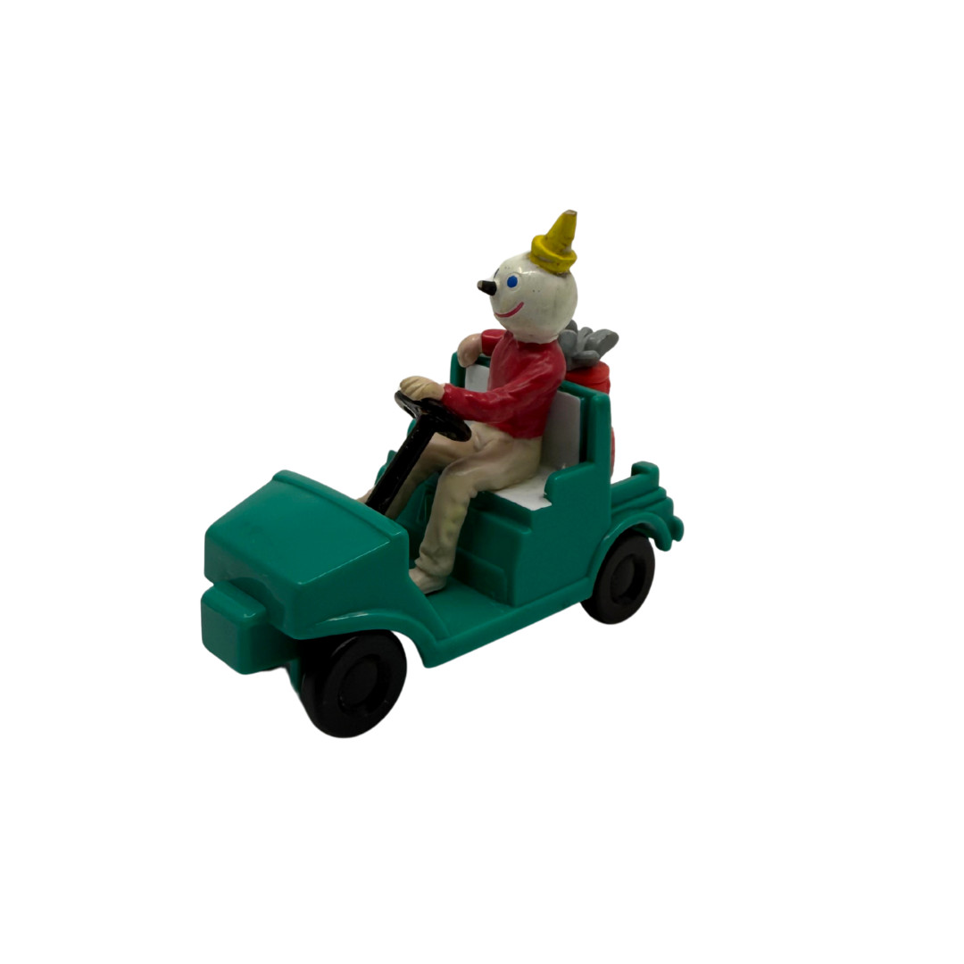 Vintage Jack in the Box Golf Cart Toy Blue w/ Yellow Hat 3"x