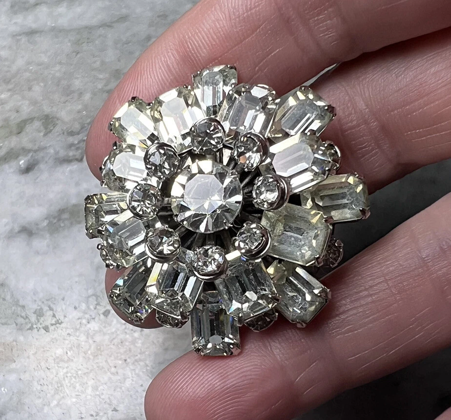 Vintage Kramer of New York Brooch Emerald Cut Round Rhinestones