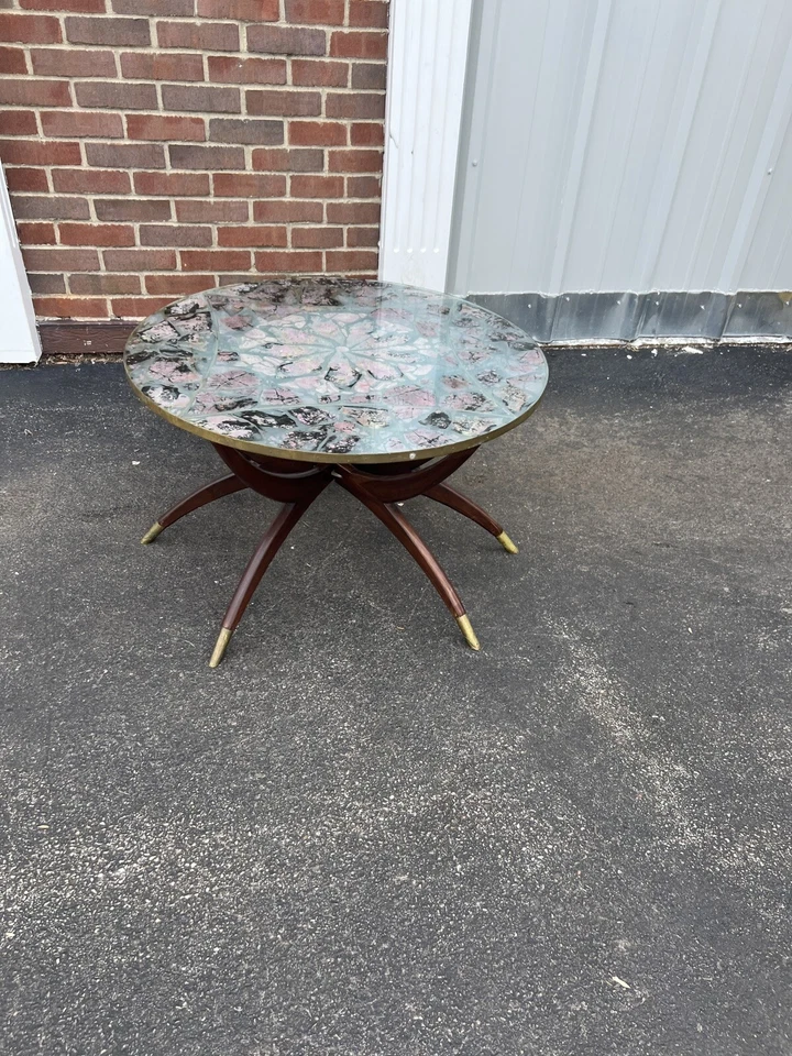 Mesa araña mármol piedra mosaico café teca 30” redonda mcm mediados siglo marroquí Foto 4 de 4