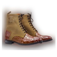 Handmade Men's Ankle High Alligator Skin Texture Leather Suede Dress Boot, Sale!