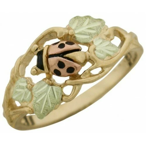 Ladies Black Hills Gold Ring Stamper Ladybug on Vines Leaves