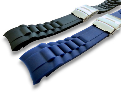 Curved End Silicone Rubber Deployment Watch Strap Band 18 20 22 mm Black Blue