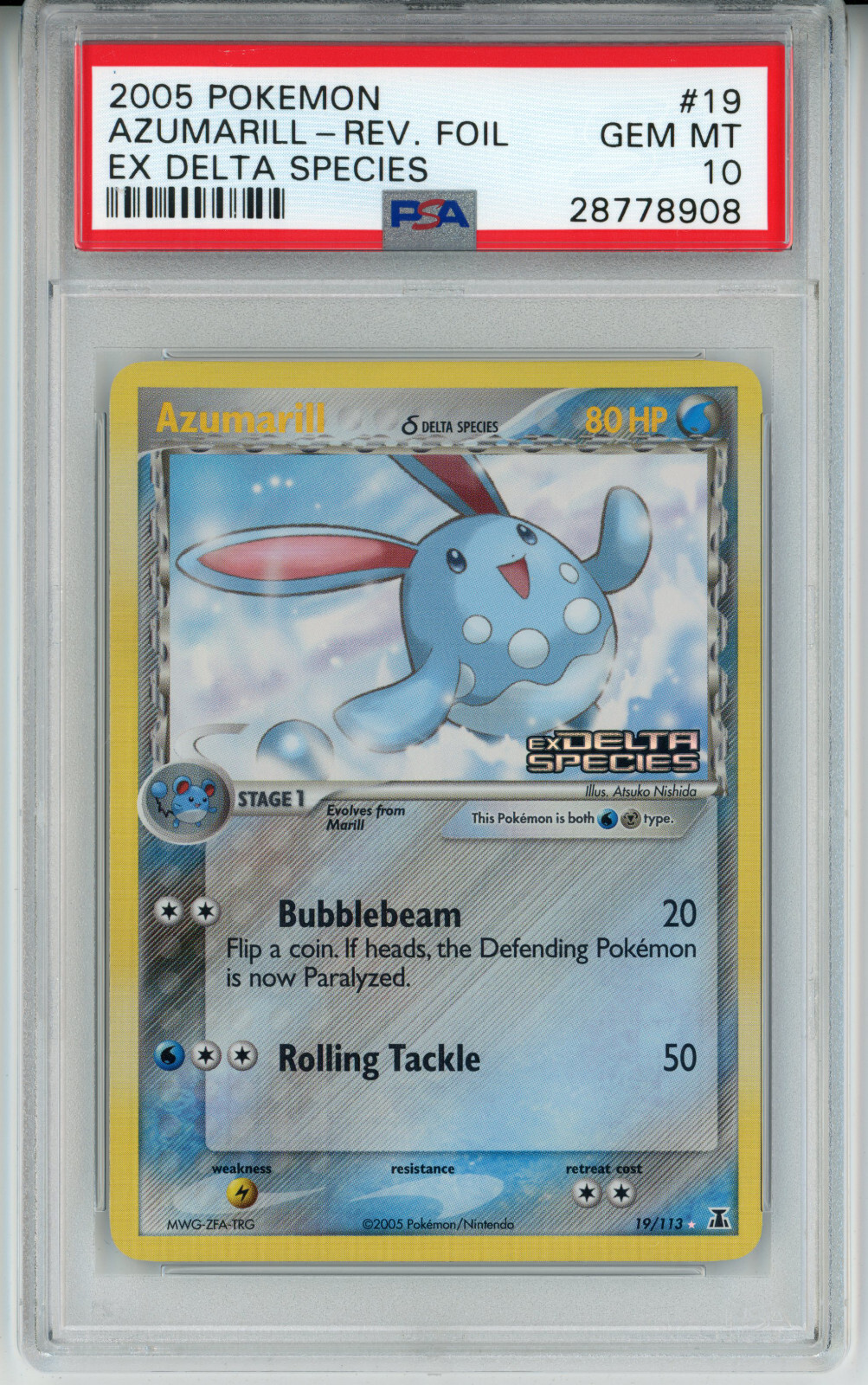 2005 POKEMON EX DELTA SPECIES AZUMARILL #19 REVERSE PSA 10 GEM MINT #28778908
