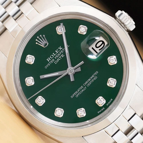 ROLEX OYSTER PERPETUAL DATE 1500 GREEN DIAMOND DIAL STAINLESS STEEL 34MM WATCH