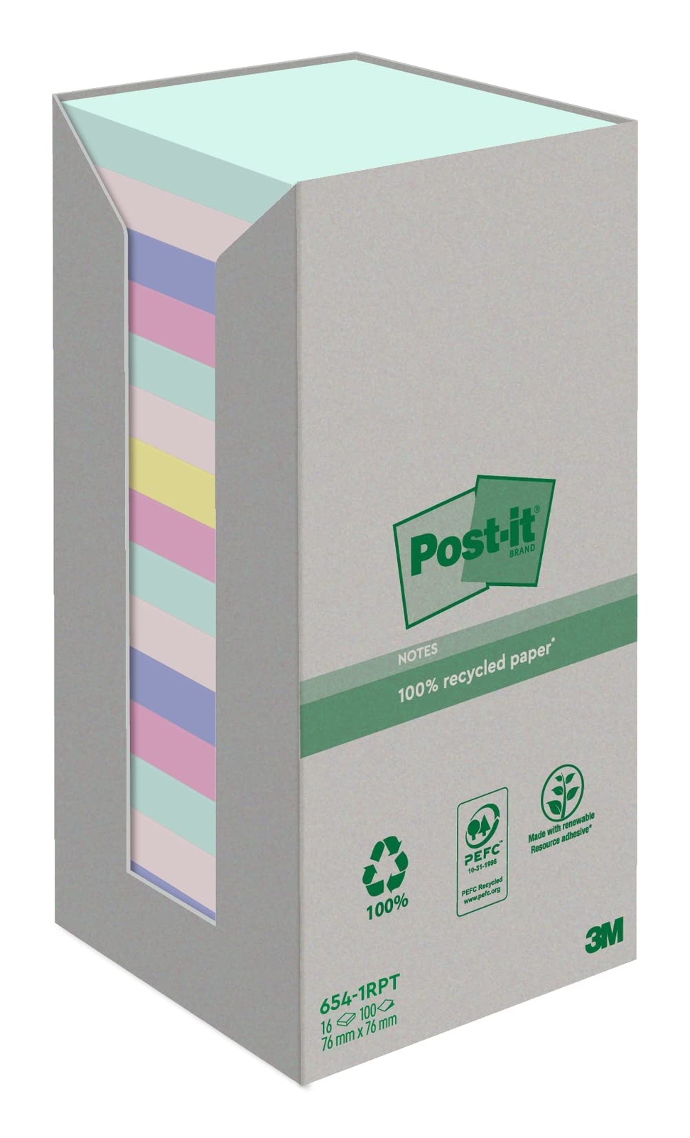 Post-it Recycling Notes Assorted Colours, Pack of 16 Pads, 100 Sheets per Pad, 7
