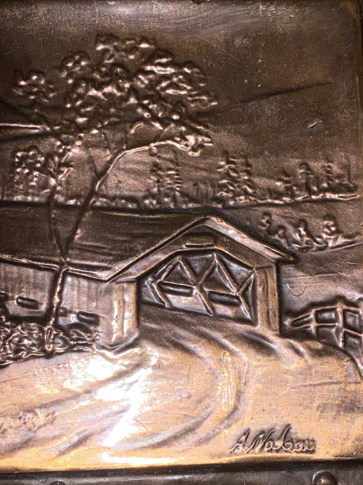 Signed A Nadeau Copper Embossed on Wood Wall Hangings QUEBEC covered Bridge - Image 2 of 4