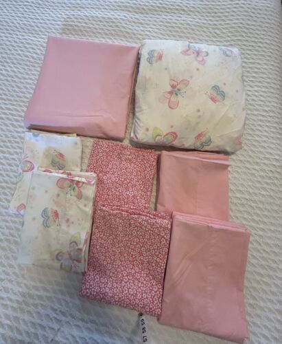 Pottery Barn Kids Pink Butterflies Sheet Set: 1 Queen Flat, 1 Fitted, 6 Cases