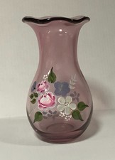 Fenton Glass 8" Ruffled Amethyst Purple Vase with Hand Painted Flowers