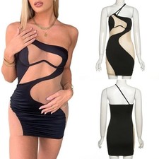 Sexy Women Sleeveless One-shoulder Mesh See-through Patchwork Bodycon Mini Dress