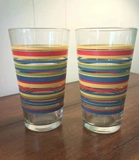 Retro Libbey Fiesta Tumblers Mambo Striped Glasses Set of 2 Multi Color 16 Oz