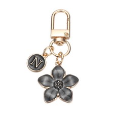 Cute Flower Keychain, Letter-N Initial Keychain Charm for Women, Black