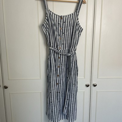 Next Gestreiftes Midi Sommerkleid Gr UK 16 Blau Weiß Neu Gepunktet Baumwolle Gürtel Sommer