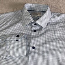 Eton Shirt Mens 16 41 Large Blue Check Contemporary Long Sleeve Cotton FLAW