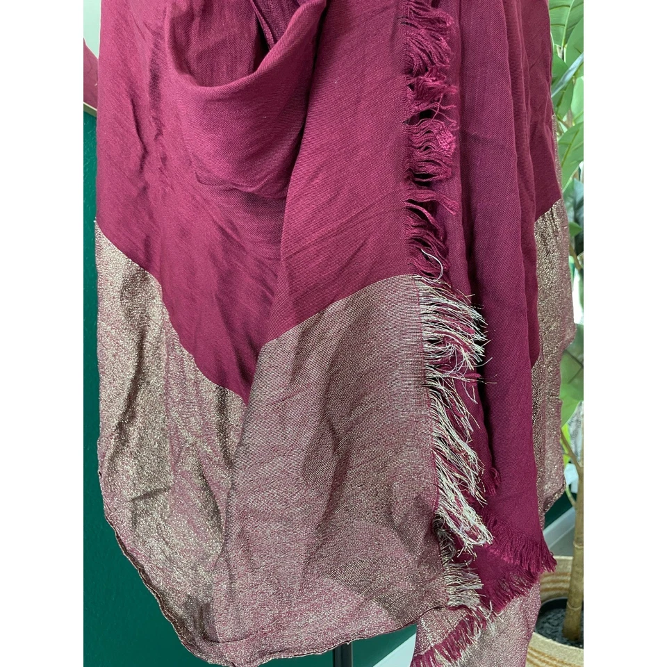 Fringe Burgundy Metallic Shawl Scarf Wrap Boho Romantic Holiday Winter Cozy - Image 4 of 4