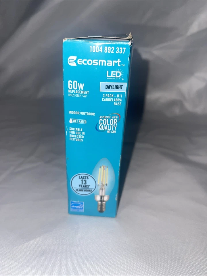 3pk Ecosmart 60W LED Light Bulb B11 Dimmable Candelabra Clear Glass Daylight E12 - Image 2 of 4