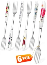 Dinner Forks Set of 6 Stainless Steel with Floral Design and Ceramic Handle