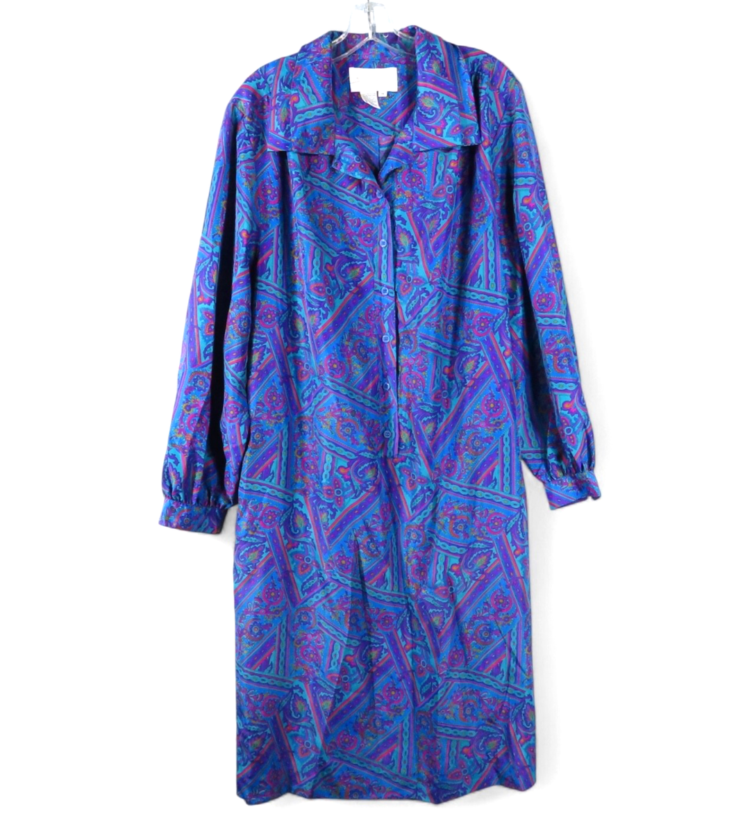 VTG Schrader Shift Shirt Dress SILKY GEORGETTE Blue/Purple Paisley