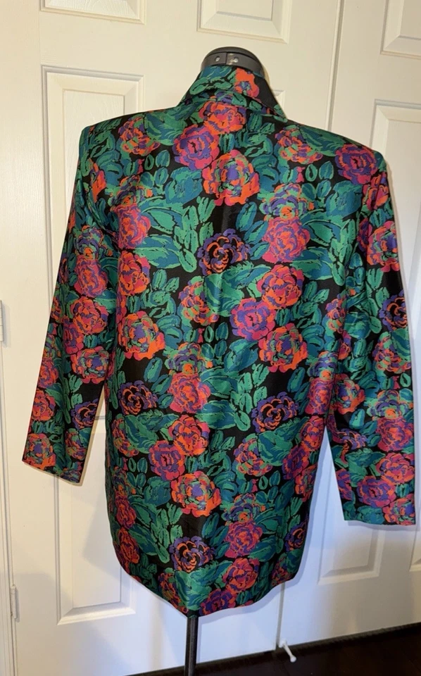 Blazer abierto de colección 100 % pura seda tailandesa hecha a mano VERDE FLORAL chaqueta para mujer 12 usado en excelente estado Foto 2 de 4