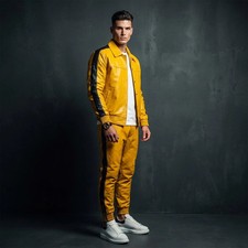Men's Leather Track Suit Sweat suit Yellow/Black Men Jogging Tracksuit