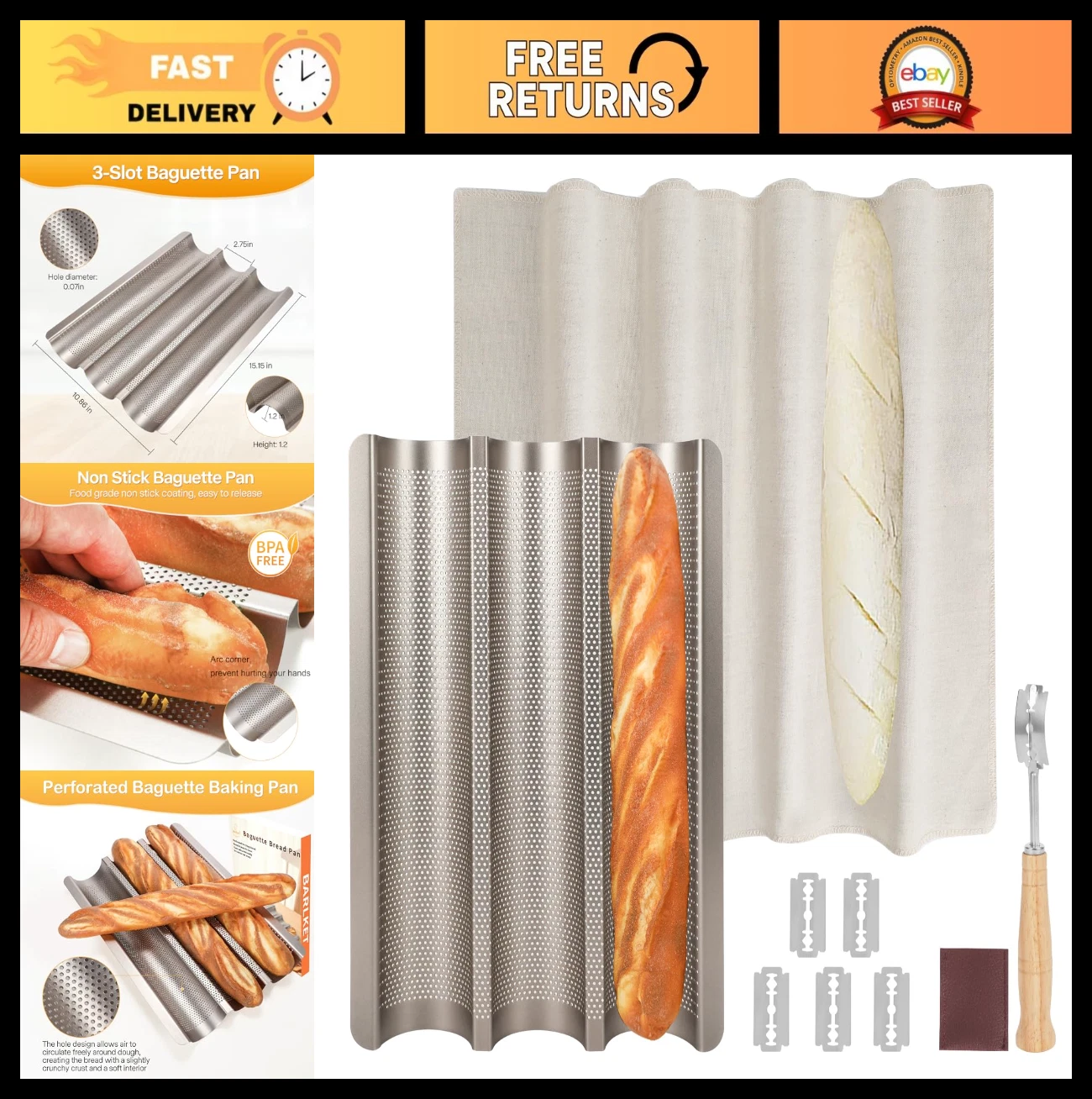 Perforated Baguette Bread Pan with Nonstick Coating, 3 Loaf Baking Kit, 15x11