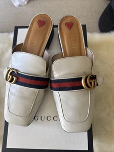 Gucci femmes authentiques US 39 EU cuir ivoire toile GG mules pantoufles chaussures plates sac
