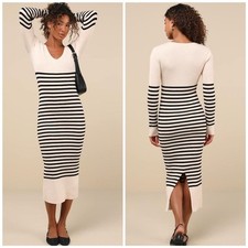 Lulus Cream Black Striped Ribbed Knit Midi Sweater Dress V Neck XS Chic