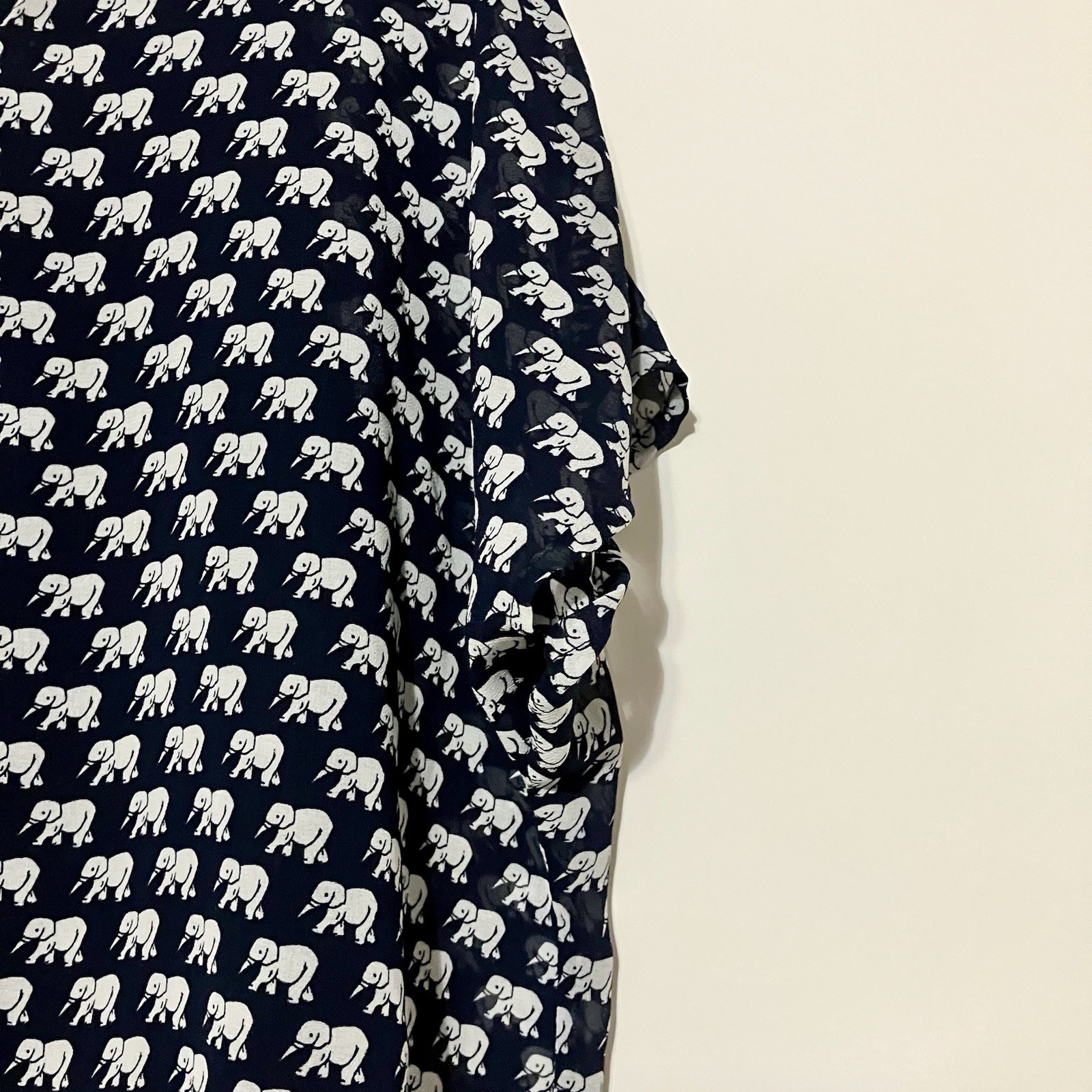 Cabi Parade Blouse Women’s S Blue Elephant Print Sheer Zipper Back V Neck Boho