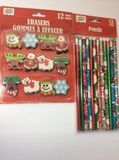 Christmas 12 pk Holiday Pencils  12 Shaped Eraser -Tree Snowman Santa Snowflake