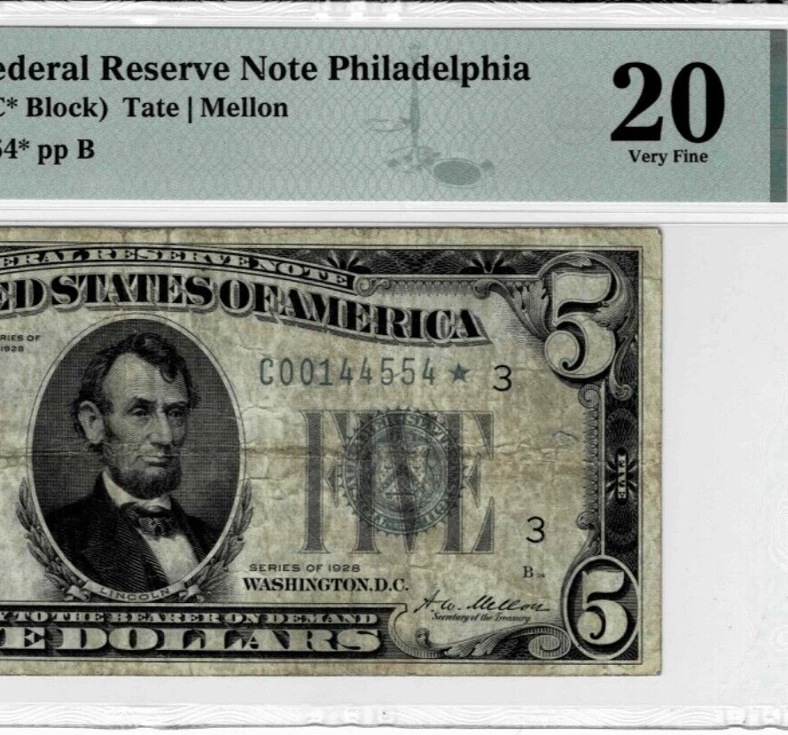 1928 $5 Federal Reserve*STAR*note-(Philly) fr.1950-C*--PMG 20--Scarce 1 of 9 - Image 4 of 4