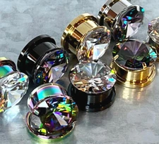 PAIR Large CZ Gem Screw Fit Tunnels Ear Plug Gauges - 8 color combos available!