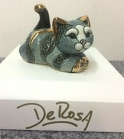 De Rosa Keramik Figur Handgemacht Handbemalt Katze Blau Gold GläNzend Kunst Deko