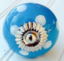 Blue White Ceramic Cabinet Knobs Drawer Pulls Closet Door Handles Polka Dots