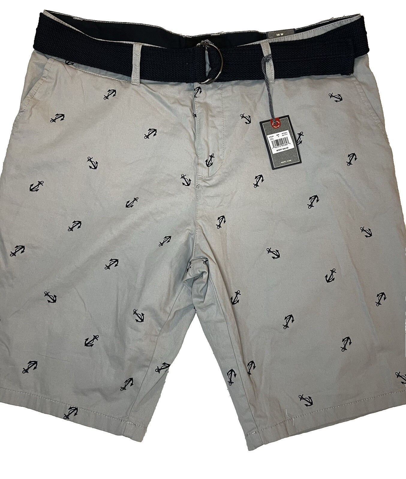NEW! Beverly Hills Polo Club Mens Shorts Chinos Tan Navy Anchor Flat Front Sz 38