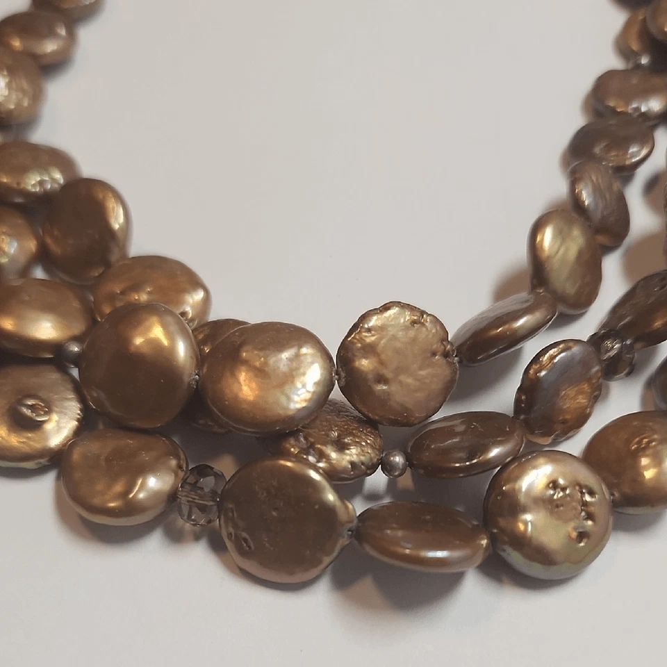 Collar Silpada 3 Hilos Bronce Marrón Moneda Perla Plata de Ley 16" + Extensor Foto 2 de 4