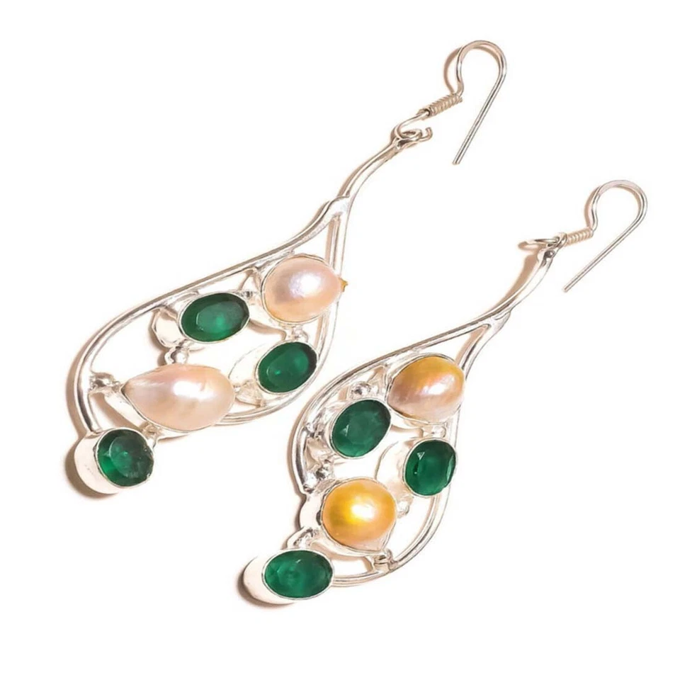 Russian Green Onyx & Biwa Pearl Gemstone Silver Overlay Handmade Dangle Earrings - Image 3 of 3