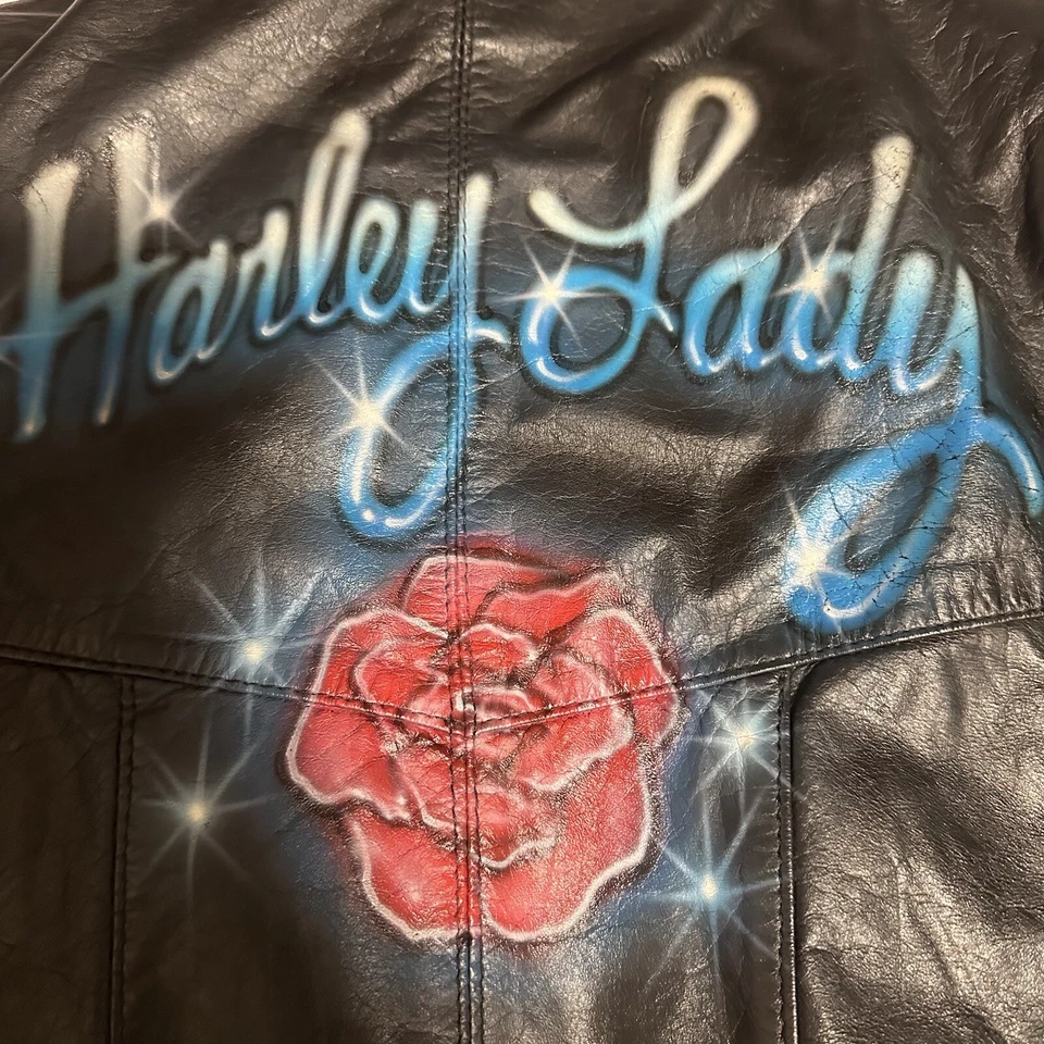 Chaqueta de cuero Harley Lady Berman para mujer talla XS/8 negra bolsillos con cremallera completa Foto 3 de 4