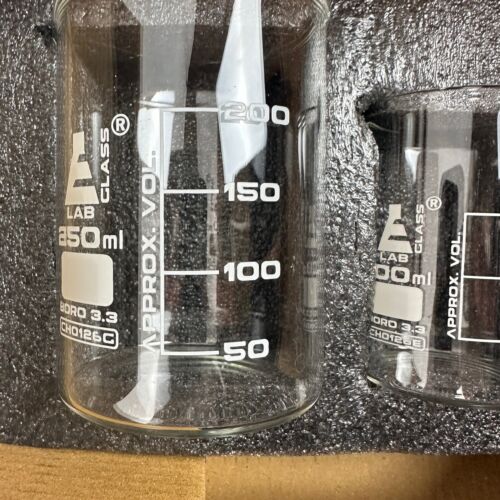 Glass Beaker Set 50/100/250mL Low Form Packed in Foam Insert Eisco Labs New - Picture 5 of 9