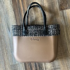 O Bag Obag Italy Bronze Brown / Black Handles & Tweed Insert Tote Purse Handbag