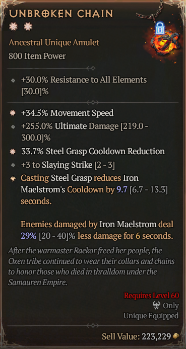 Diablo 4🔥Season 7 Softcore🔥Unbroken Chain BARBARIAN Unique Amulet