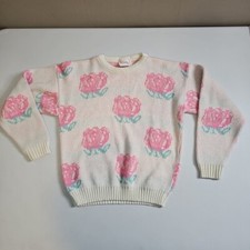Vintage 80s Girls Picamo Pink Floral Acrylic Sweater Size M 10-12 Made In USA